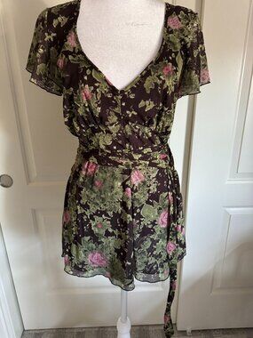 DKNY Jeans Brown Floral V-Neck Top, Size Medium
